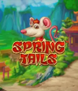 A whimsical illustration of a mouse dressed in traditional Chinese attire standing in a scenic landscape with mountains. The image represents the Spring Tails game by Betsoft, highlighted with bold gold and red logo lettering.